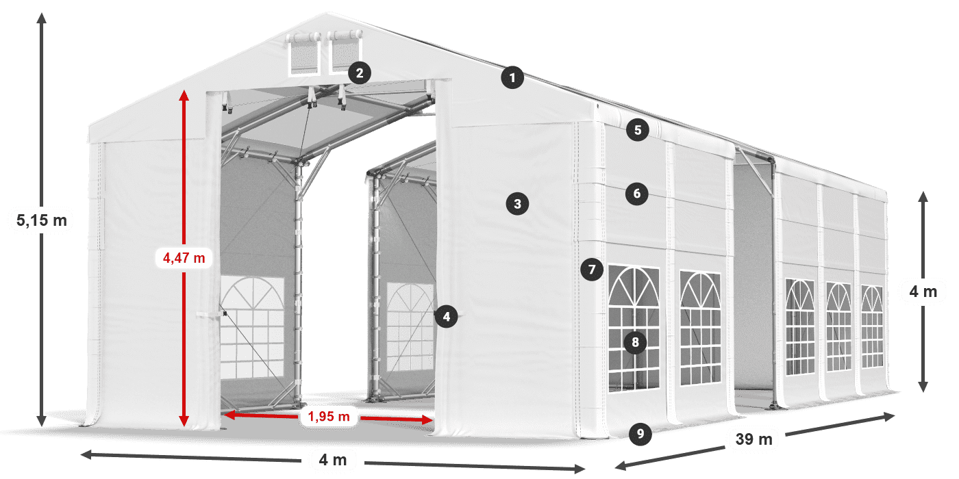 Toit: MS T 580 PVC Murs: FR 620 PVC Légende de 4m