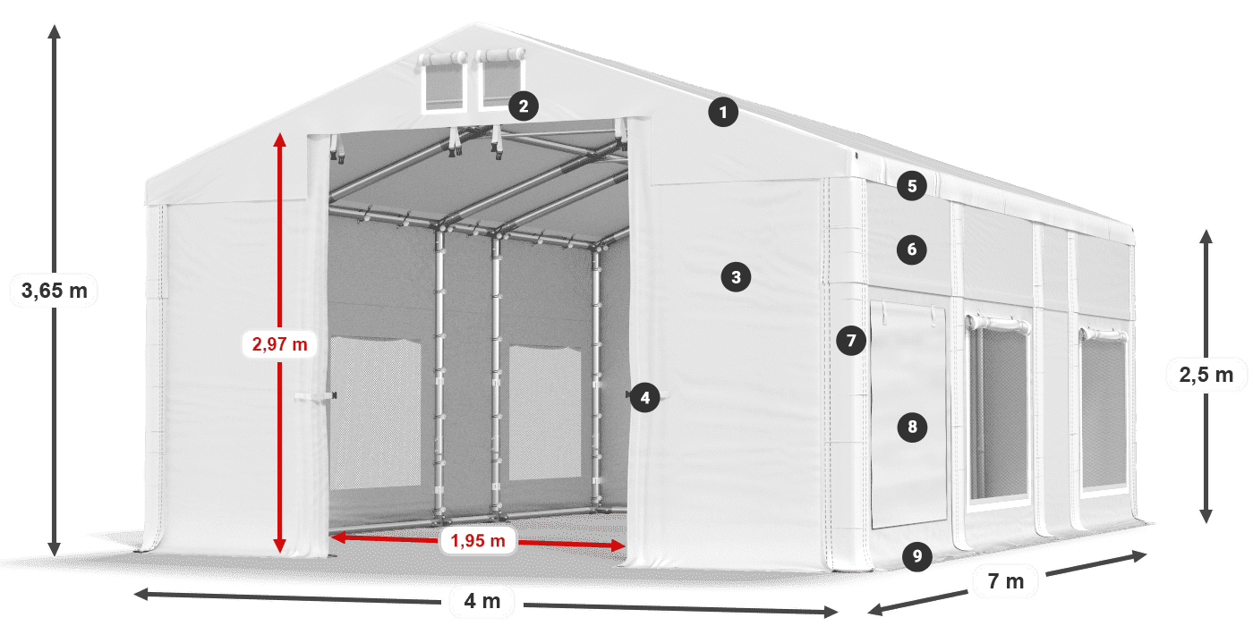 Toit: FR 620 PVC Murs: SD 500 PVC Légende de 2,5 m