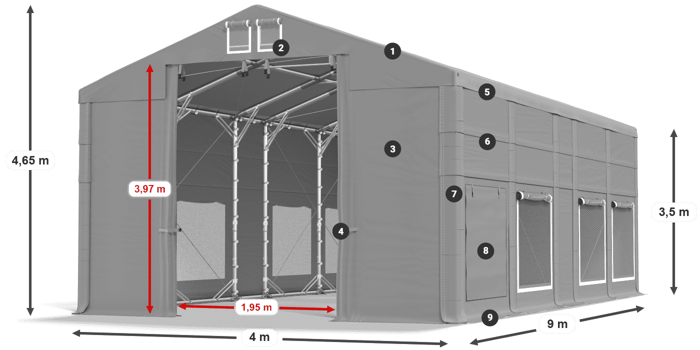 Toit: MS 580 PVC Murs: SD M 500 PVC Légende de 3,5 m