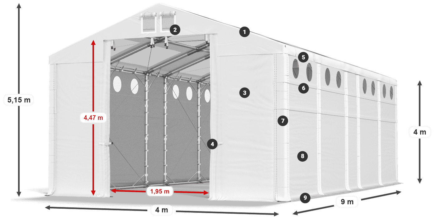 Toit: MS T 580 PVC Murs: SD O 500 PVC Légende de 4m