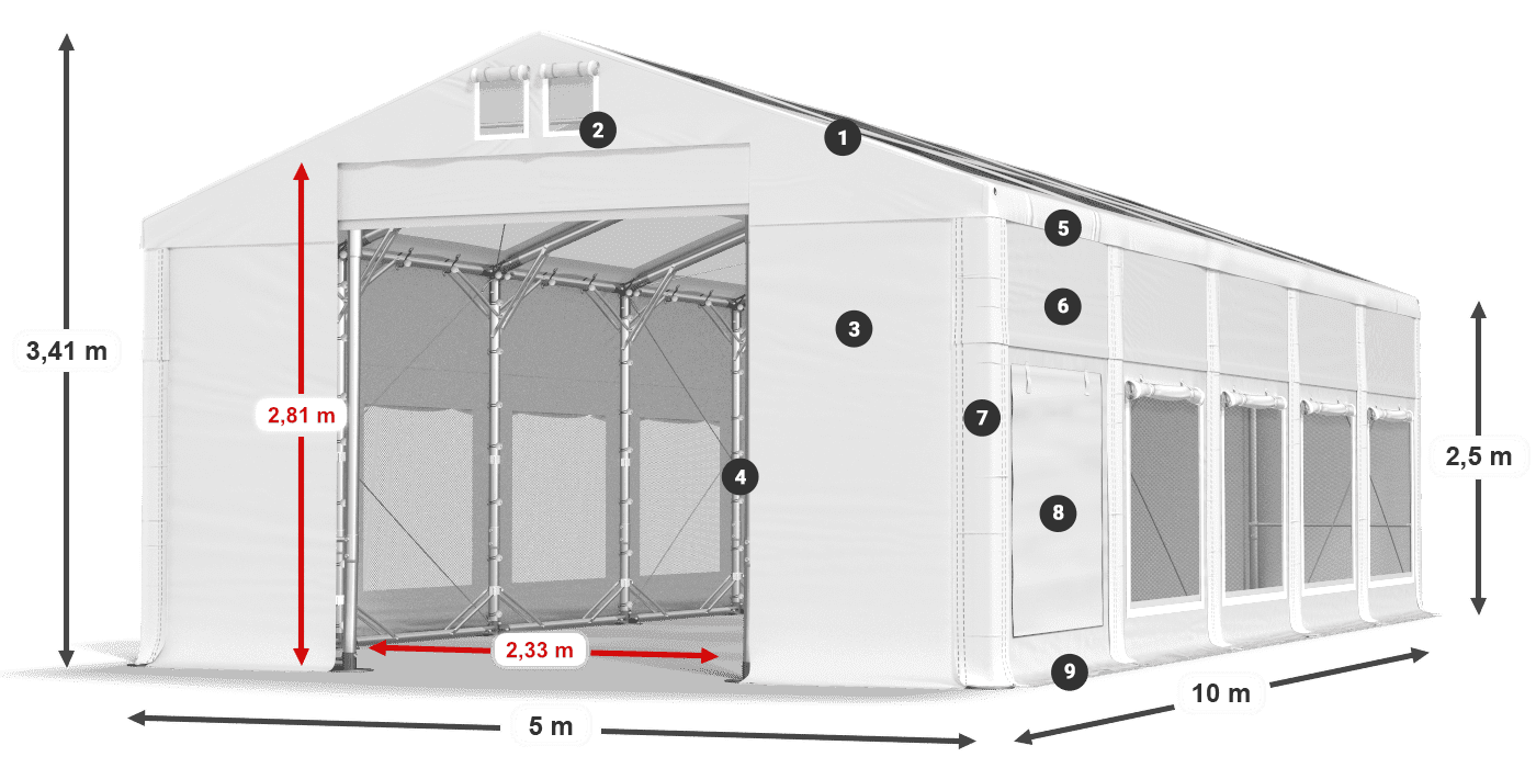 Toit: MS T 580 PVC Murs: SD M 500 PVC Légende de 2,5 m