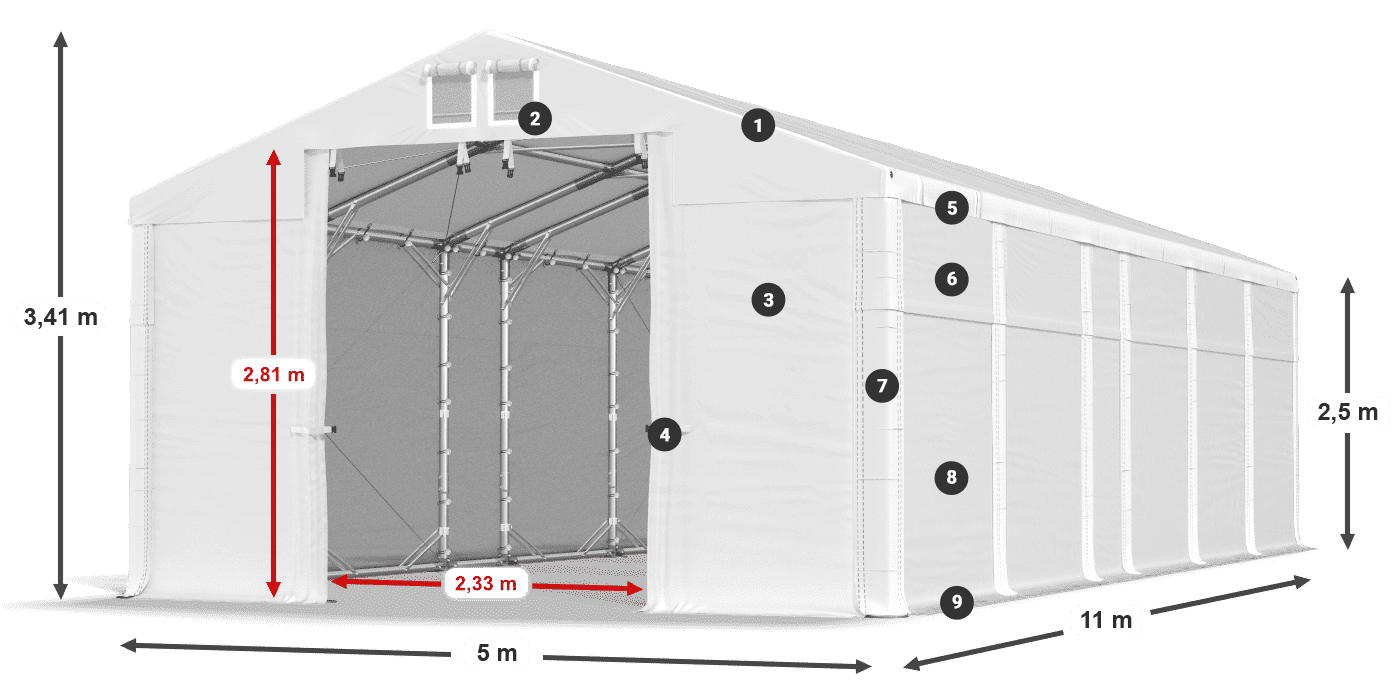 Toit: FR 620 PVC Murs: SD 500 PVC Légende de 2,5 m
