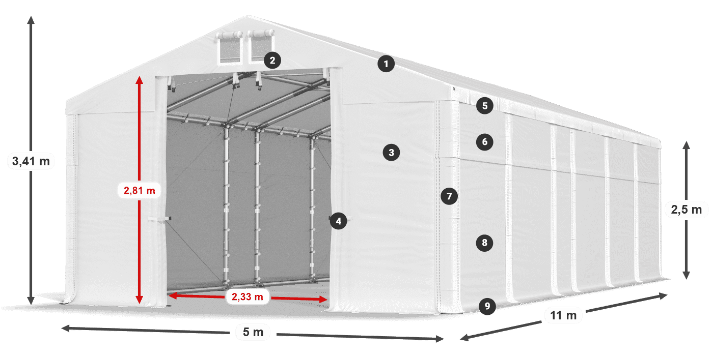 Toit: FR 620 PVC Murs: SD 500 PVC Légende de 2,5 m