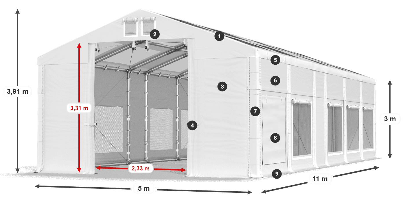 Toit: MS T 580 PVC Murs: SD M 500 PVC 3m légende