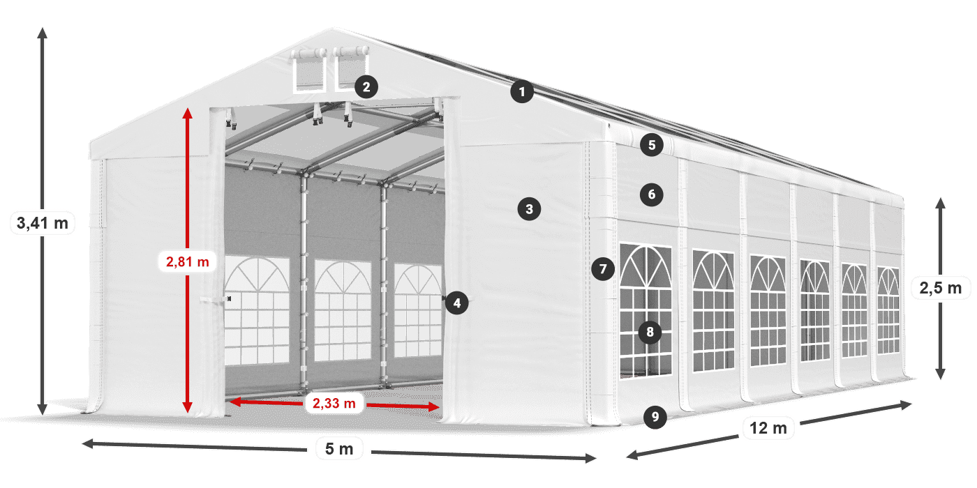 Toit: MS 580 PVC Murs: SD 500 PVC Légende de 2,5 m