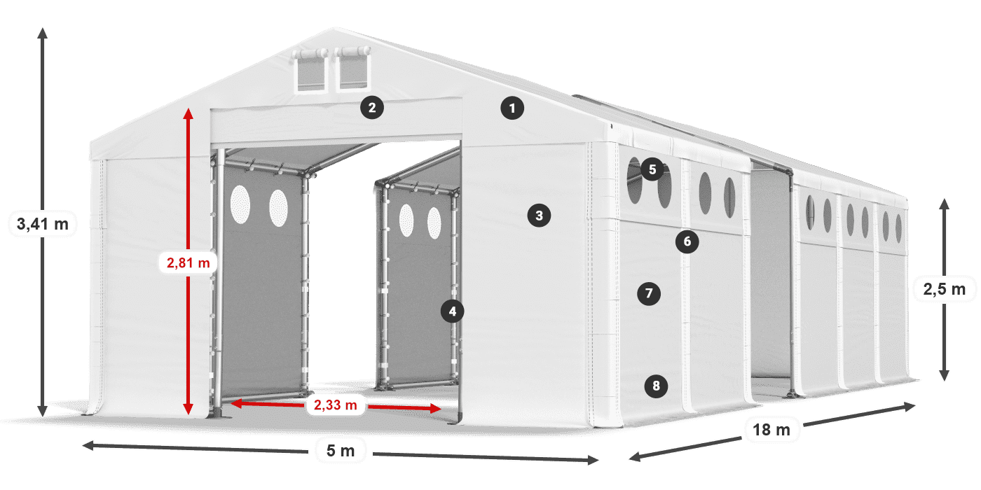Toit: FR 620 PVC Murs: SD O 500 PVC Légende de 2,5 m