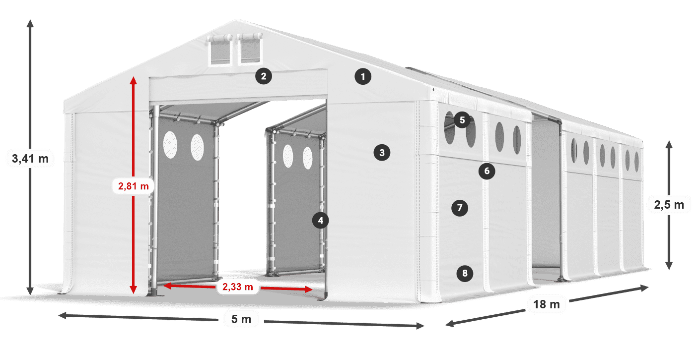 Toit: MS 580 PVC Murs: SD O 500 PVC Légende de 2,5 m