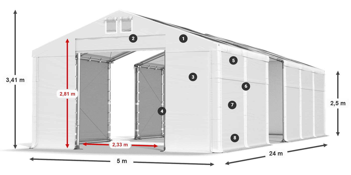 Toit: MS T 580 PVC Murs: FR 620 PVC Légende de 2,5 m