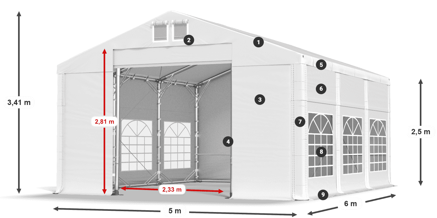 Toit: MS 580 PVC Murs: FR 620 PVC Légende de 2,5 m