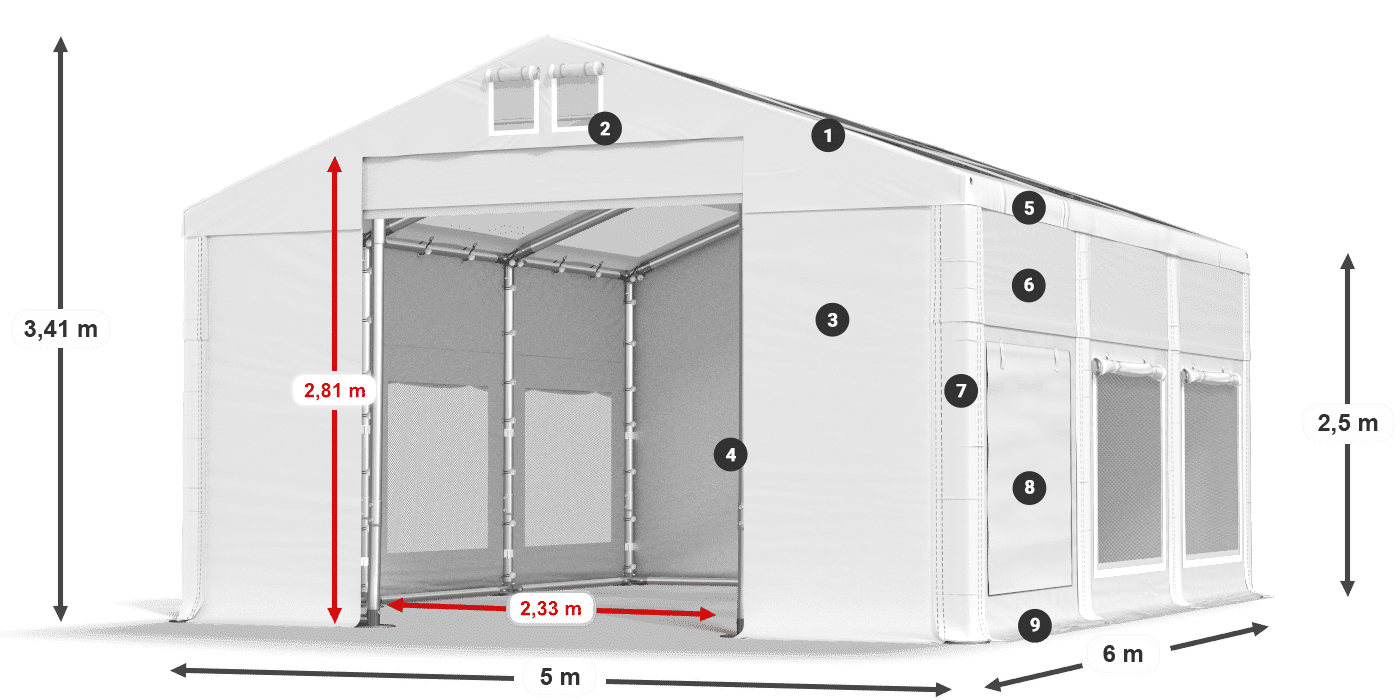 Toit: MS T 580 PVC Murs: SD M 500 PVC Légende de 2,5 m