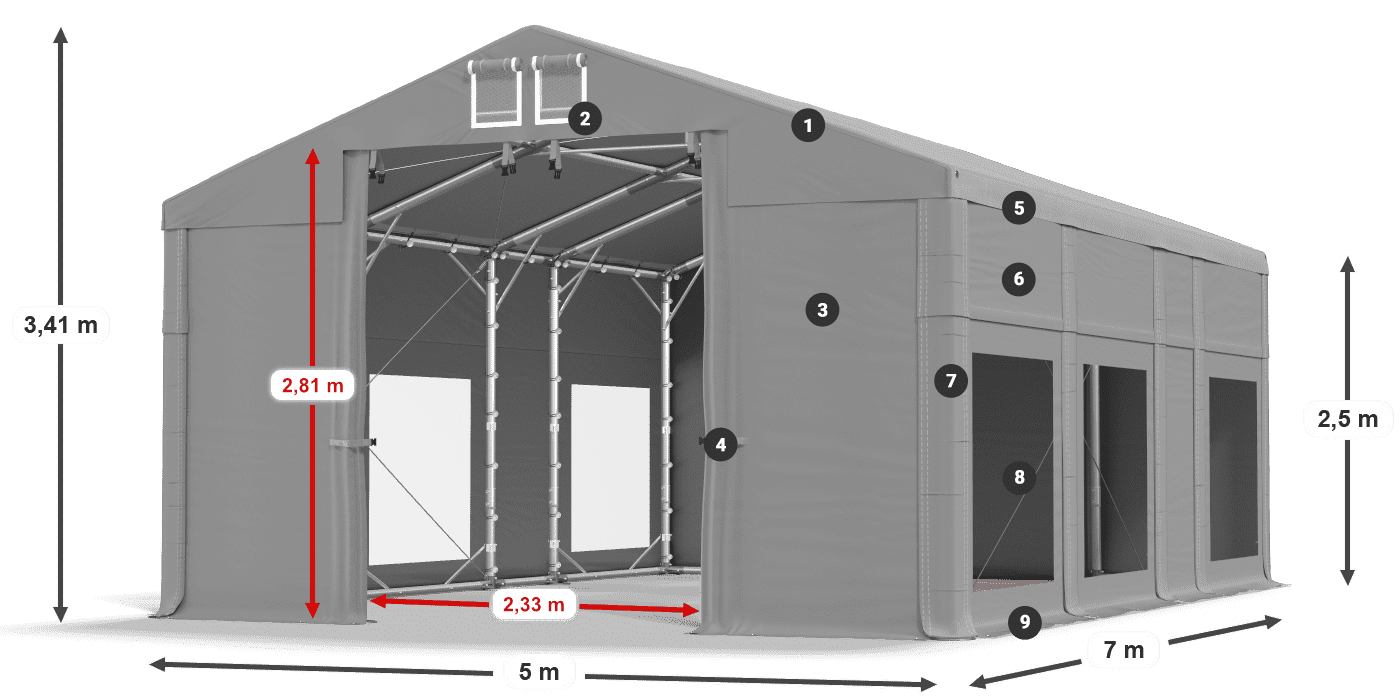 Toit: FR 620 PVC Murs: MS 580 PVC Légende de 2,5 m
