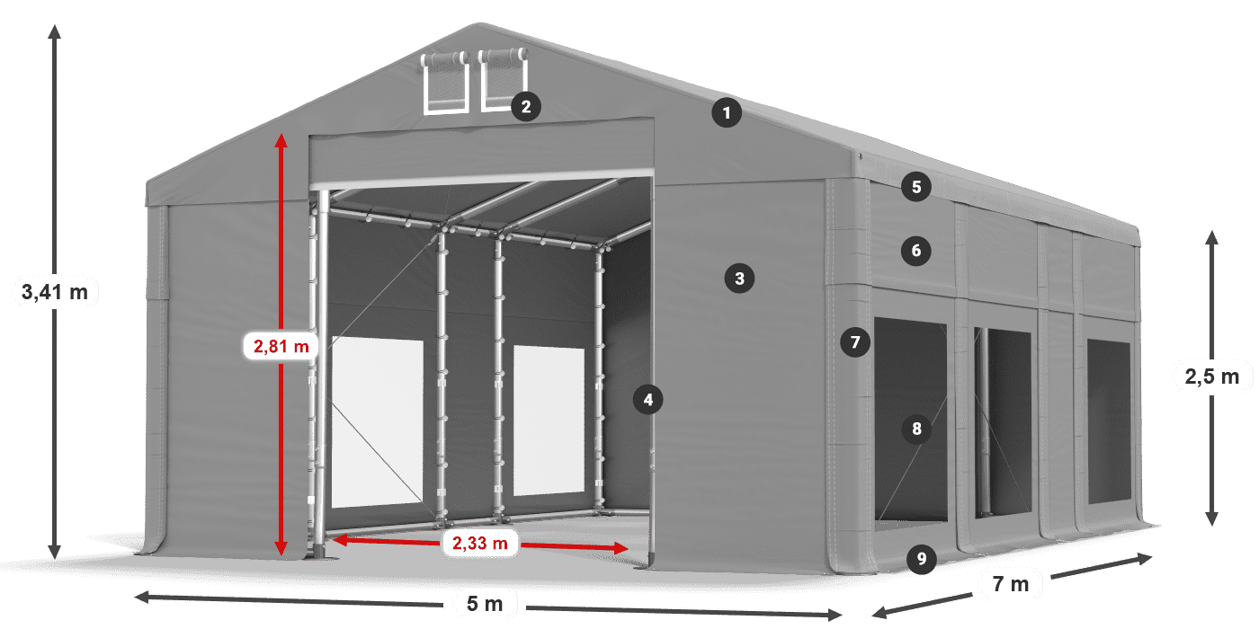 Toit: FR 620 PVC Murs: MS 580 PVC Légende de 2,5 m