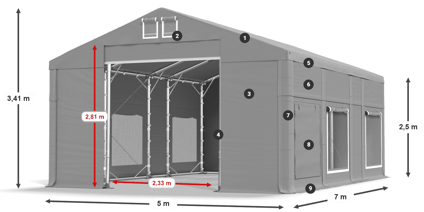 Toit: FR 620 PVC Murs: SD 500 PVC Légende de 2,5 m