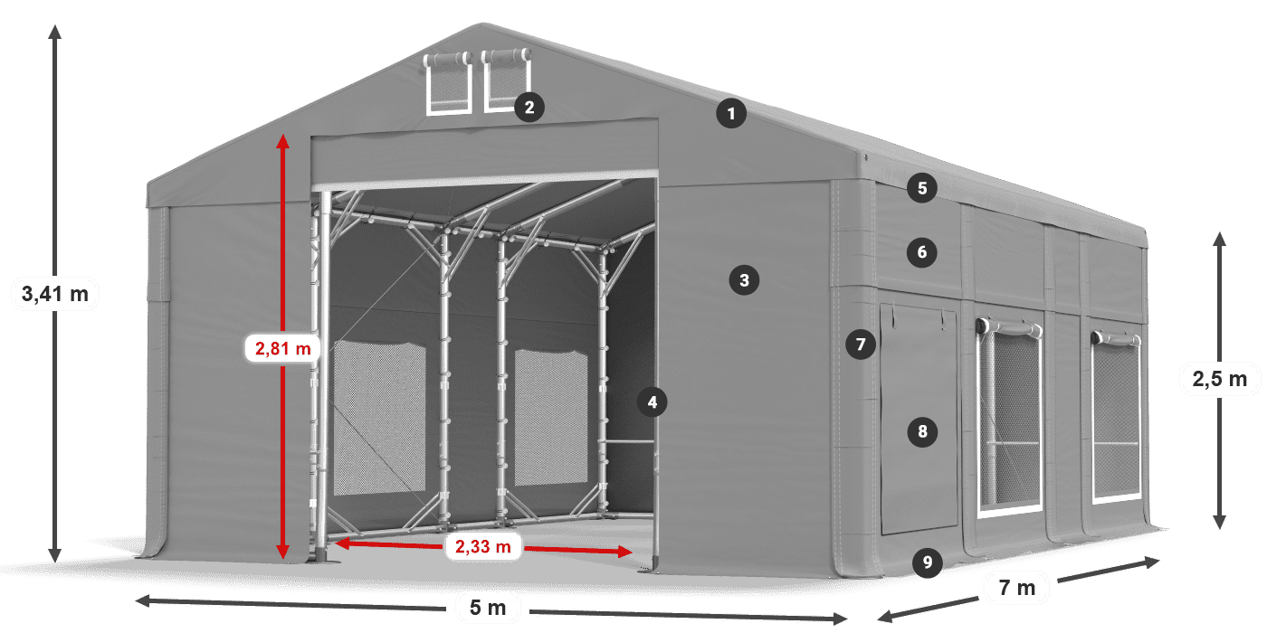 Toit: FR 620 PVC Murs: SD 500 PVC Légende de 2,5 m