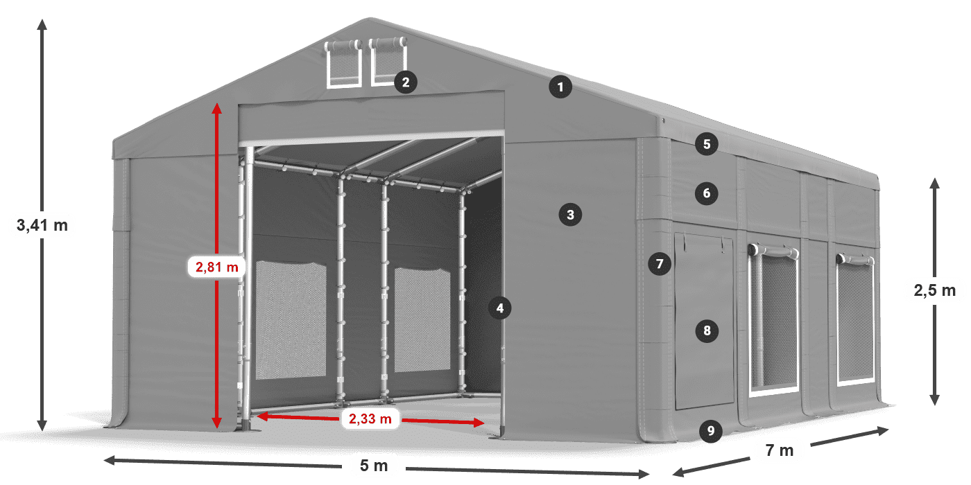 Toit: FR 620 PVC Murs: SD 500 PVC Légende de 2,5 m