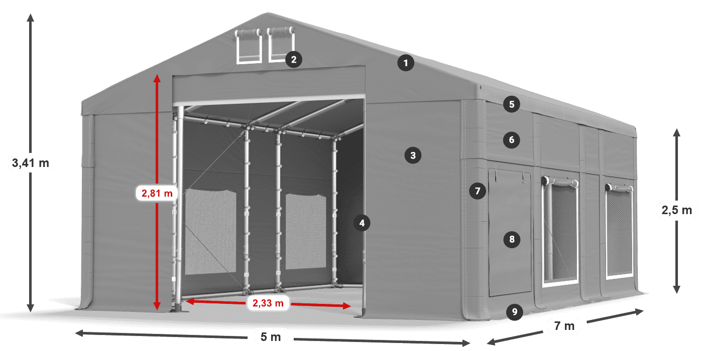 Toit: FR 620 PVC Murs: SD 500 PVC Légende de 2,5 m
