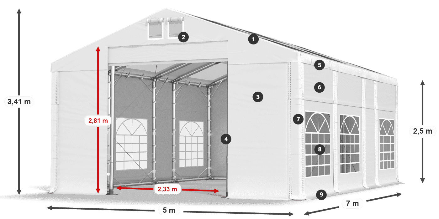 Toit: MS T 580 PVC Murs: FR 620 PVC Légende de 2,5 m