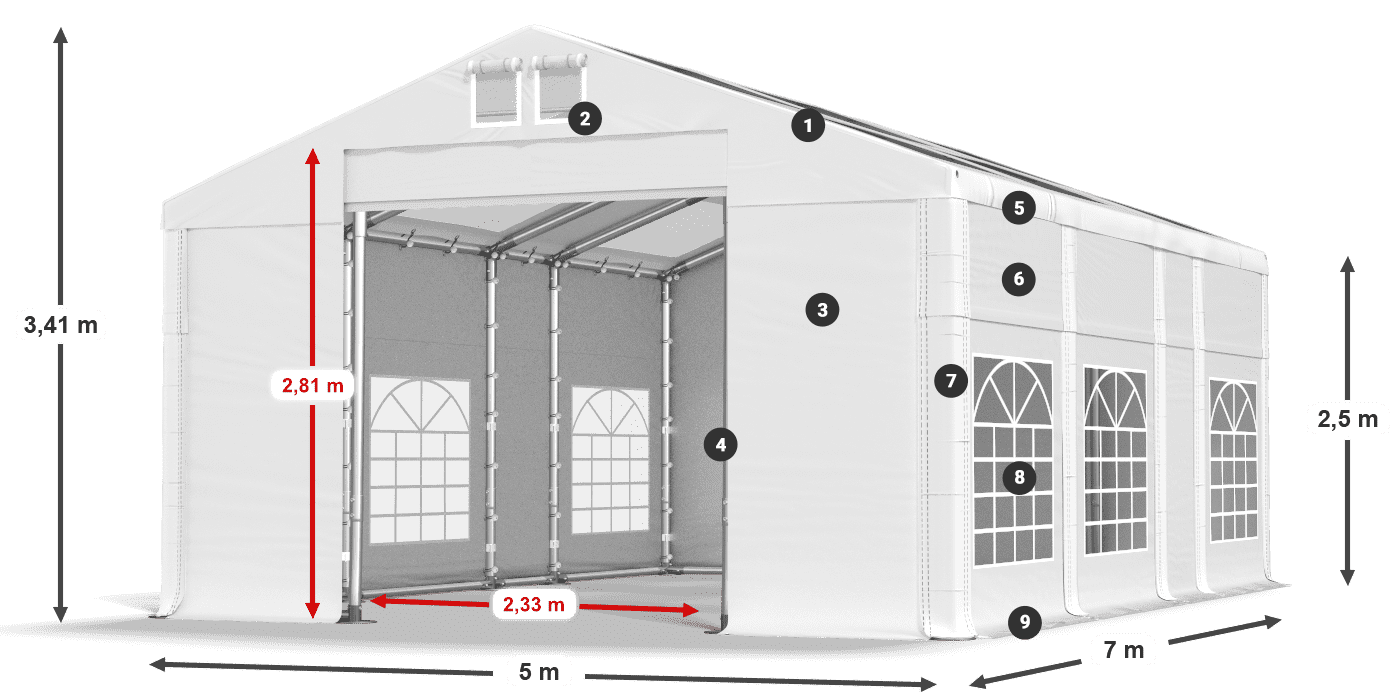 Toit: MS T 580 PVC Murs: FR 620 PVC Légende de 2,5 m