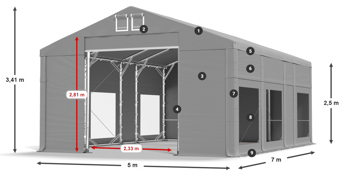 Toit: MS 580 PVC Murs: MS 580 PVC Légende de 2,5 m