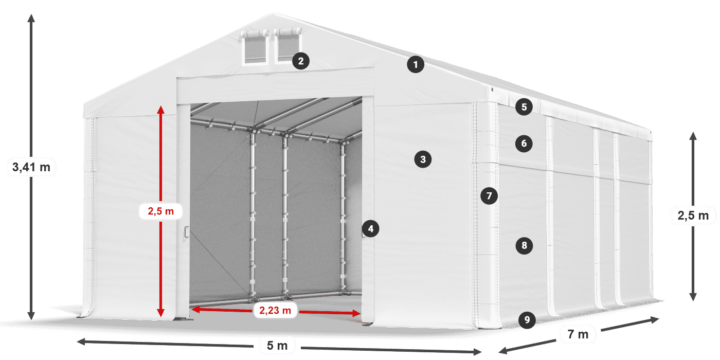Toit: MS 580 PVC Murs: SD 500 PVC Légende de 2,5 m