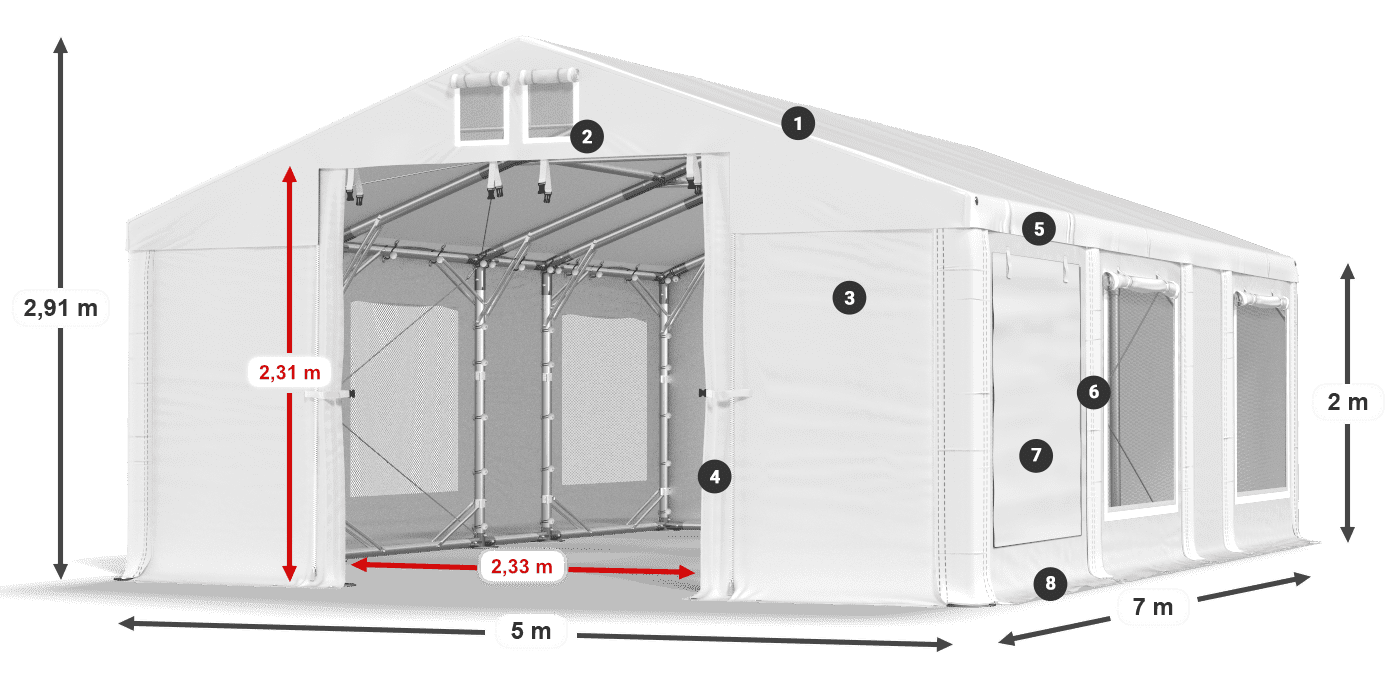Toit: MS 580 PVC Murs: SD M 500 PVC 2m légende