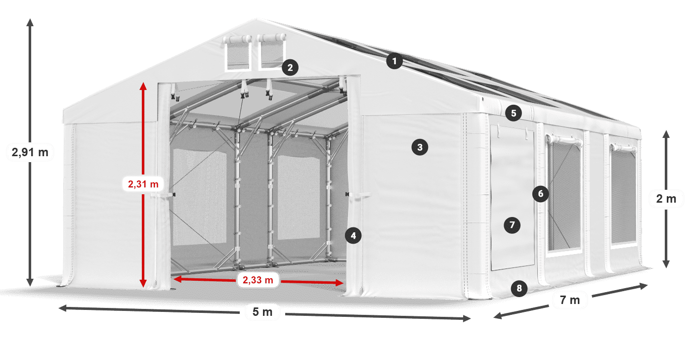 Toit: MS T 580 PVC Murs: SDM 500 PVC 2m légende
