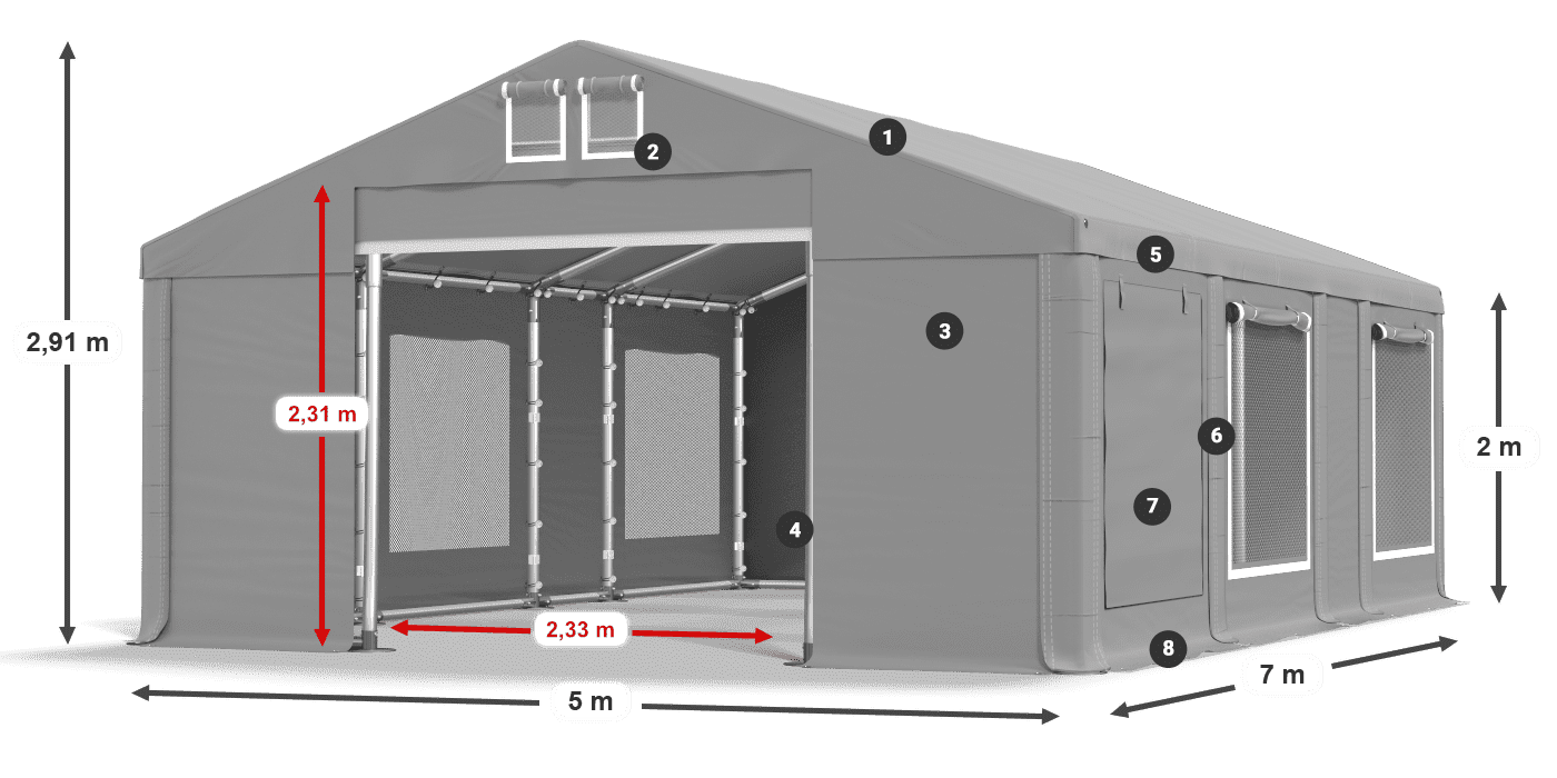 Toit: MS 580 PVC Murs: SD M 500 PVC 2m légende
