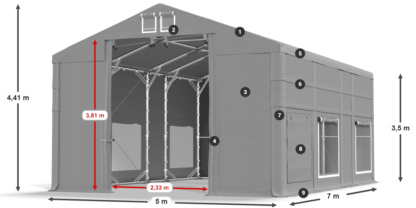 Toit: FR 620 PVC Murs: SD 500 PVC Légende de 3,5 m