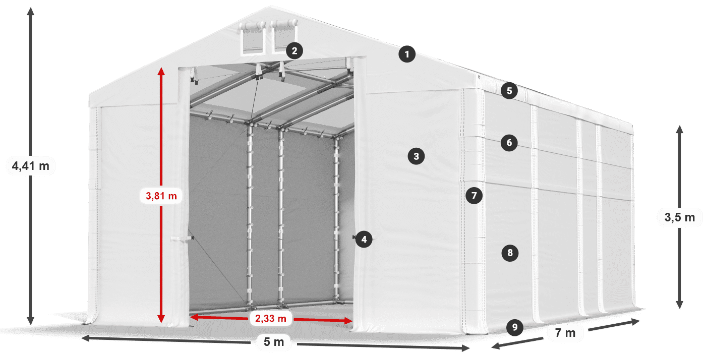 Toit: MS T 580 PVC Murs: SD 500 PVC Légende de 3,5 m