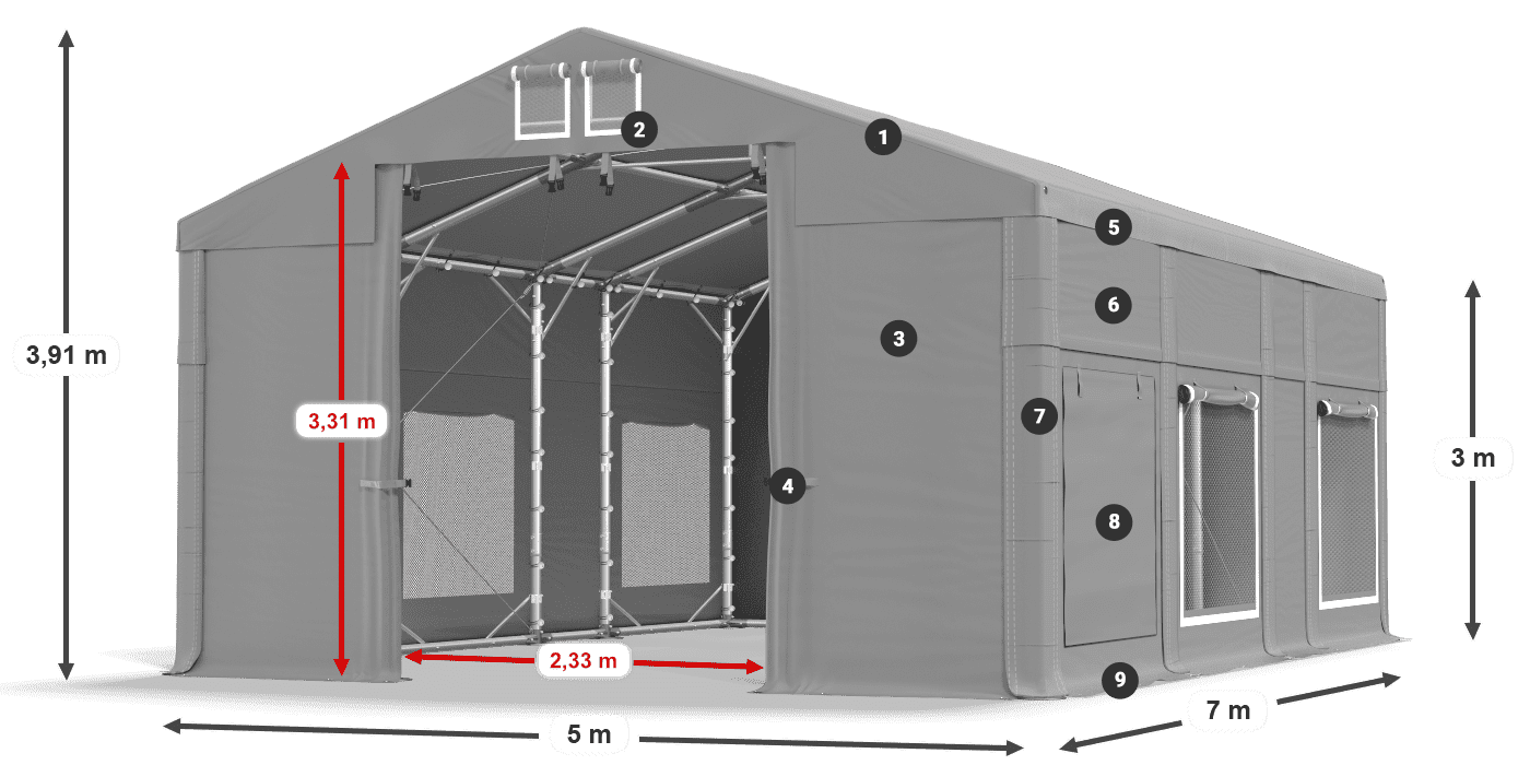 Toit: MS 580 PVC Murs: SD M 500 PVC 3m légende
