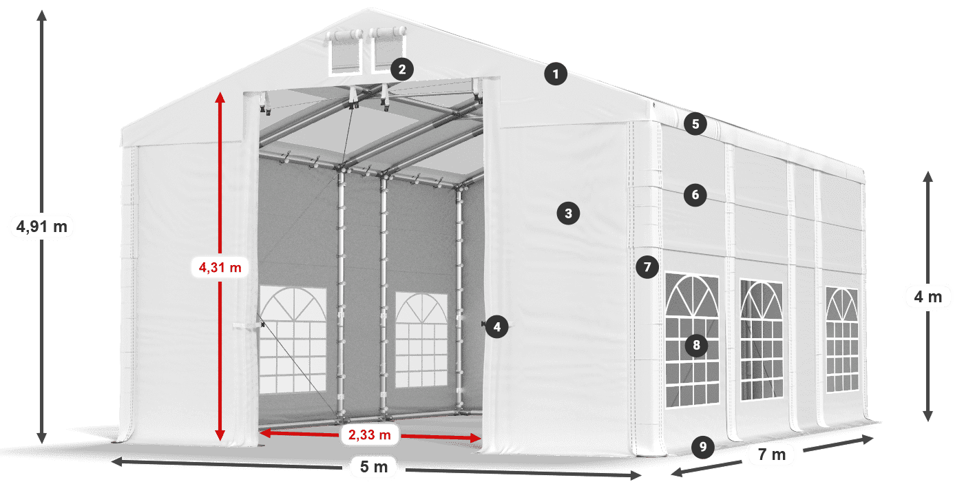 Toit: MS T 580 PVC Murs: FR 620 PVC Légende de 4m