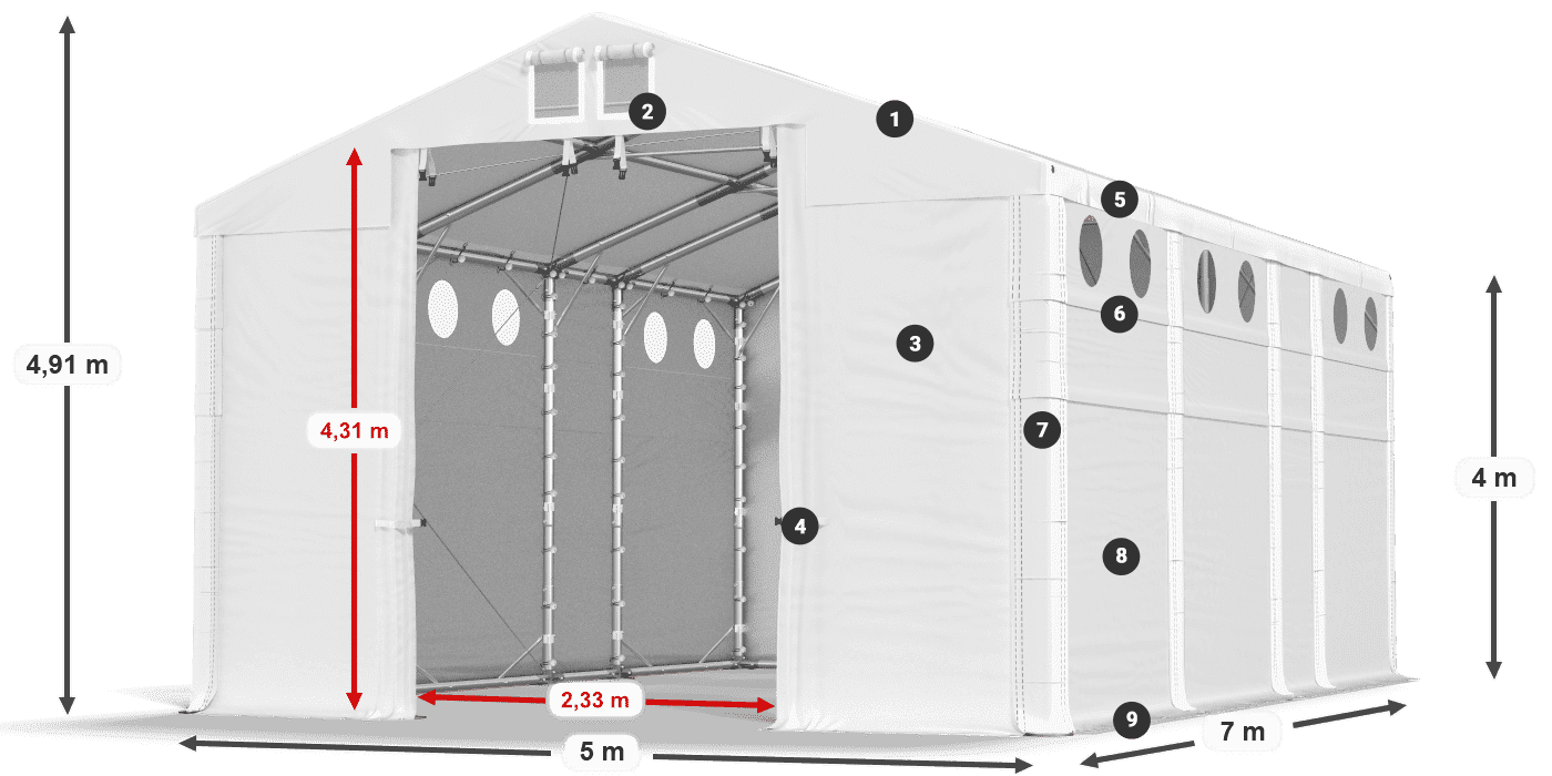 Toit: MS 580 PVC Murs: SD O 500 PVC Légende de 4m