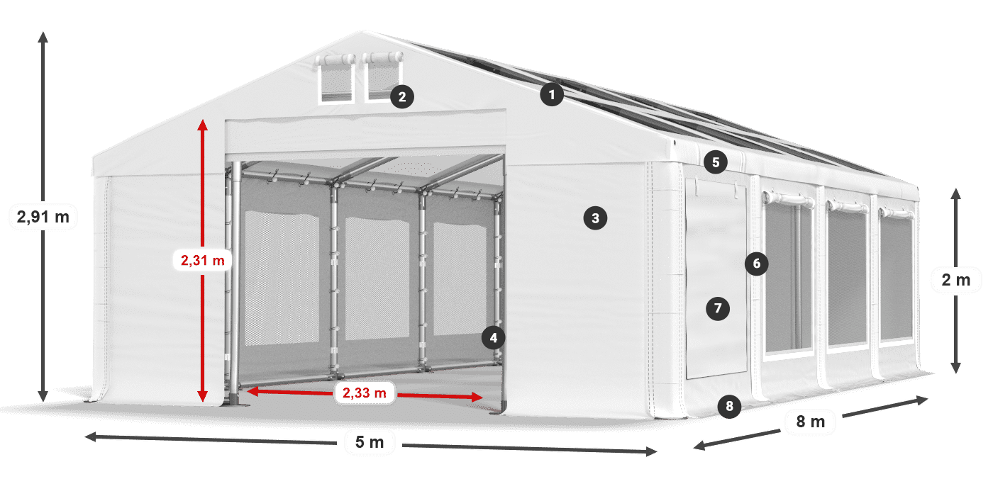 Toit: MS T 580 PVC Murs: SDM 500 PVC 2m légende