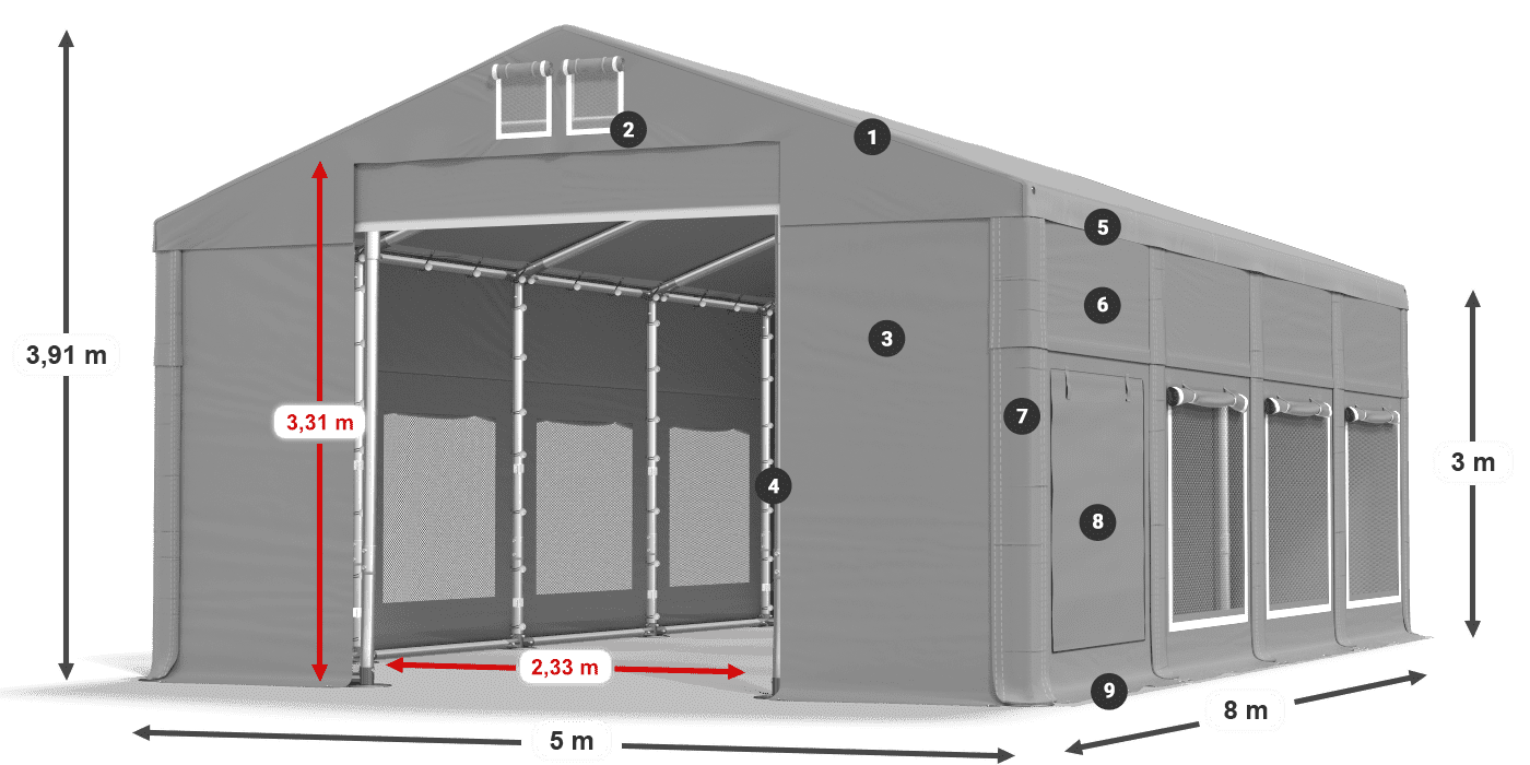 Toit: MS 580 PVC Murs: SD M 500 PVC 3m légende