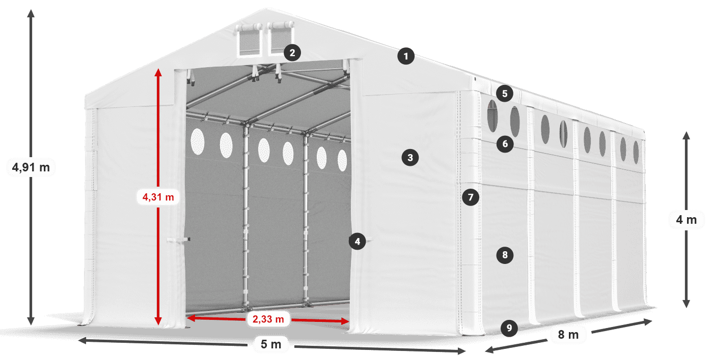 Toit: MS 580 PVC Murs: FR O 620 PVC Légende de 4m