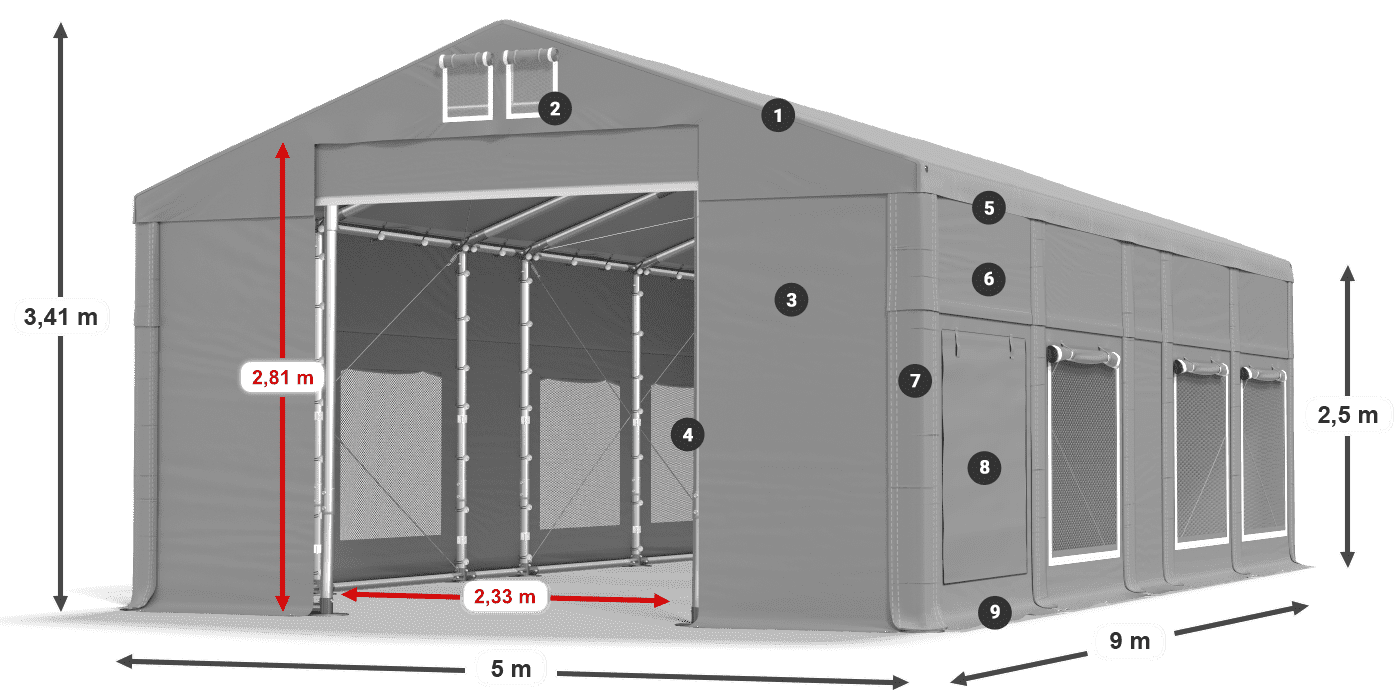 Toit: FR 620 PVC Murs: SD 500 PVC Légende de 2,5 m