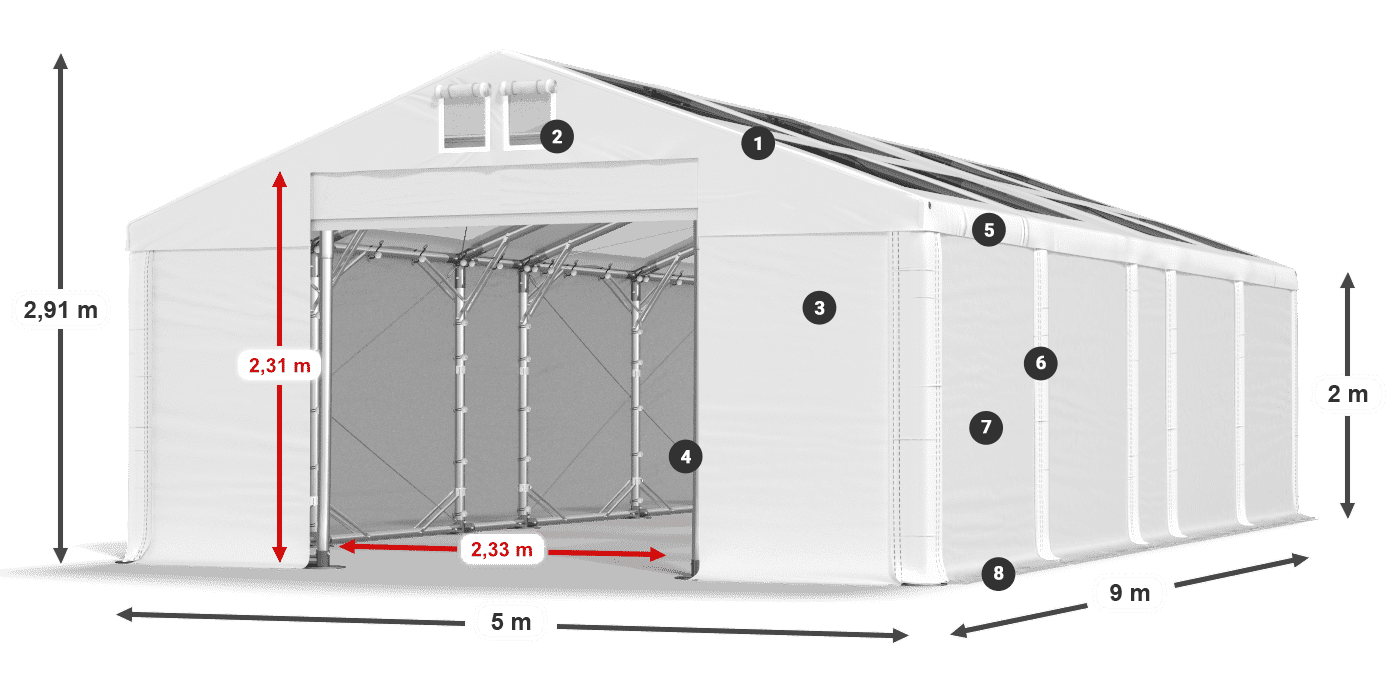 Toit: MS T 580 PVC Murs: FR 620 PVC 2m légende