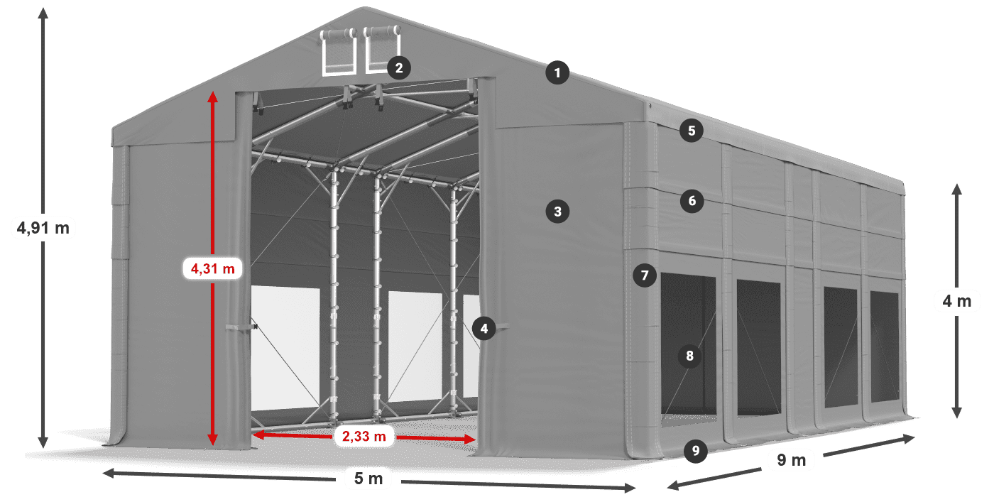 Toit: FR 620 PVC Murs: MS 580 PVC Légende de 4m