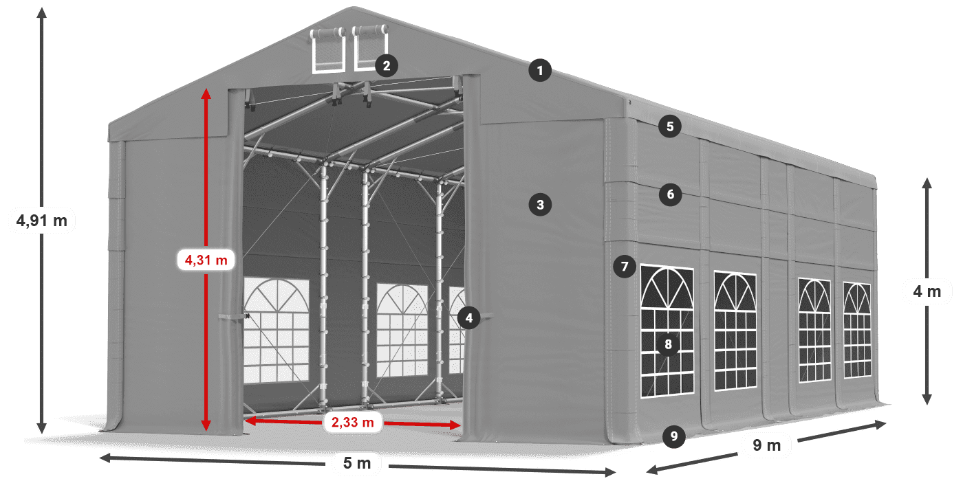 Toit: FR 620 PVC Murs: SD 500 PVC Légende de 4m