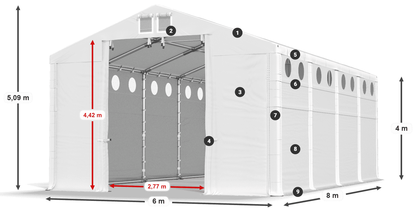 Toit: FR 620 PVC Murs: MS O 580 PVC Légende de 4m