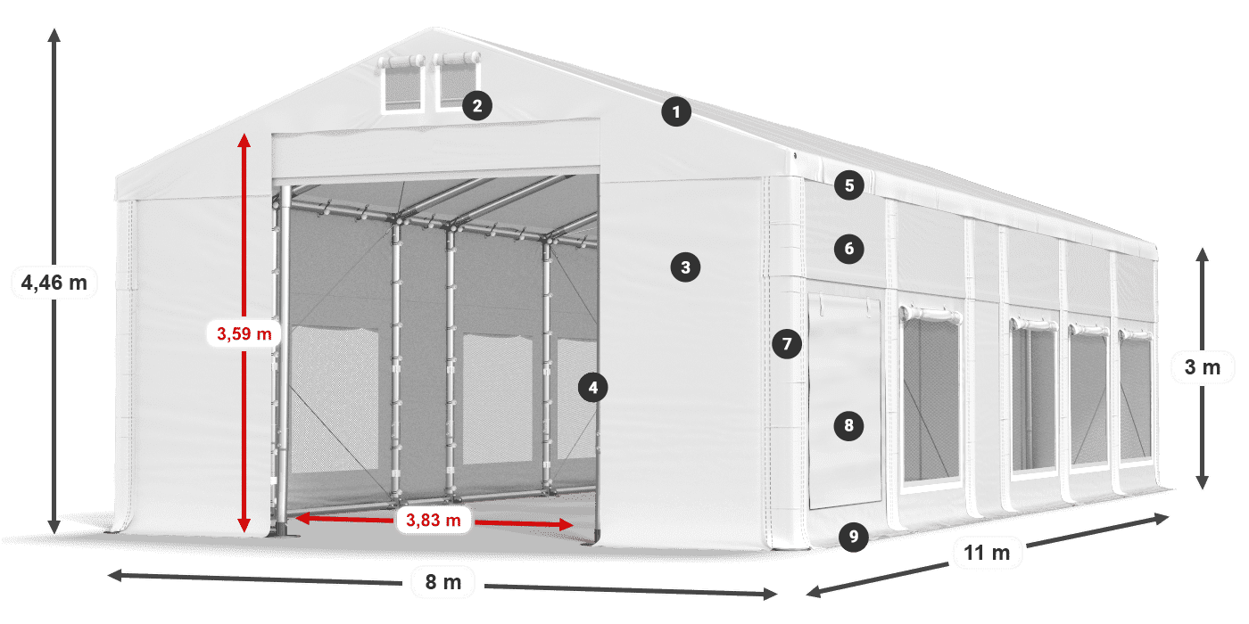 Toit: MS 580 PVC Murs: SD M 500 PVC 3m légende