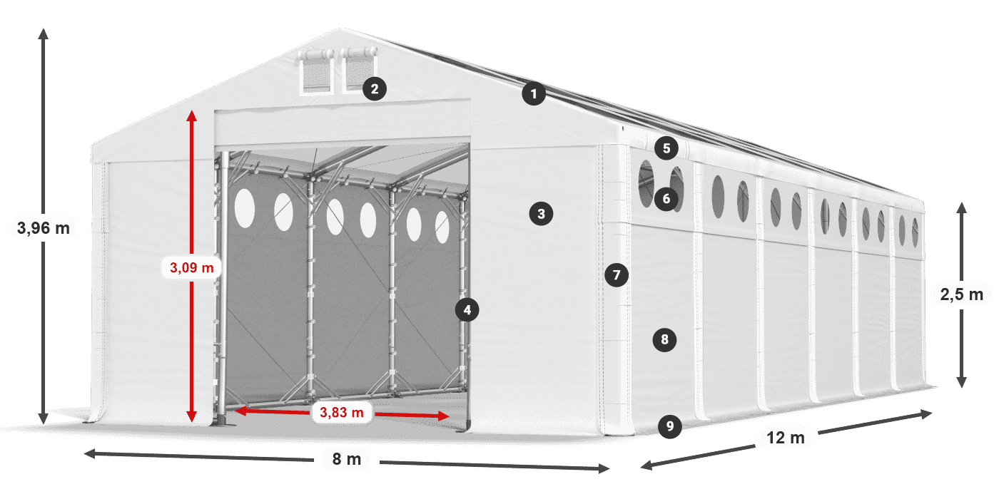 Toit: MS T 580 PVC Murs: FR O 620 PVC Légende de 2,5 m