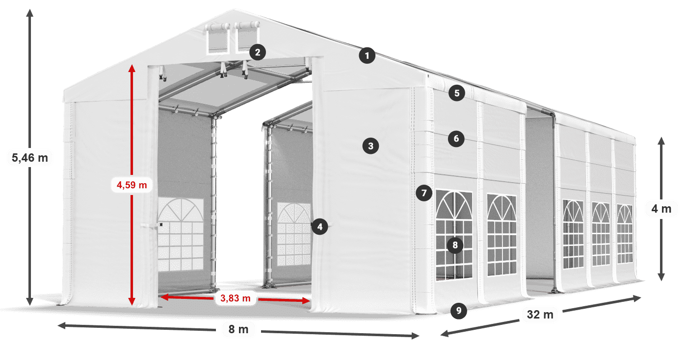 Toit: MS T 580 PVC Murs: FR 620 PVC Légende de 4m