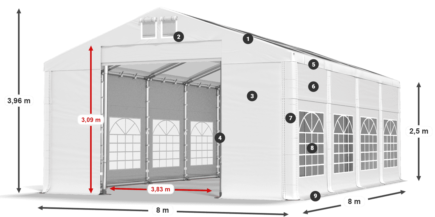 Toit: MS T 580 PVC Murs: FR 620 PVC Légende de 2,5 m